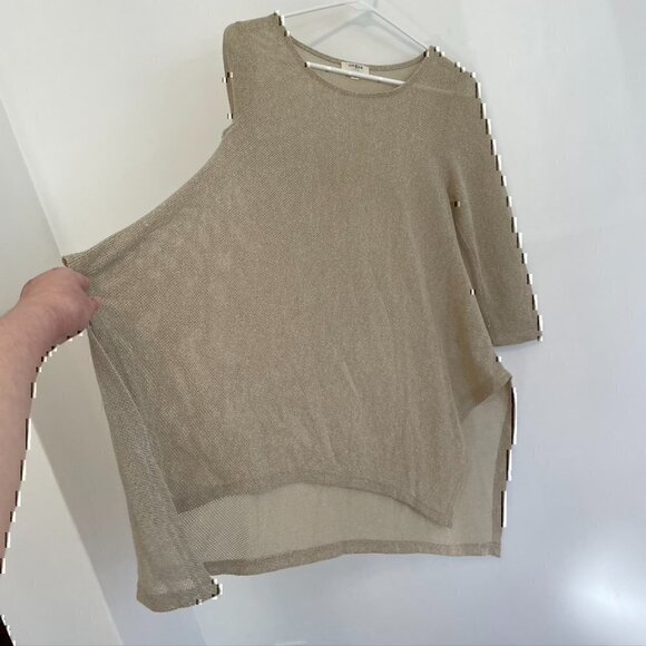 UMGEE Gold / Tan Open Weave Knit Asymmetrical Sharkbite Hem 3/4 Sleeve Tunic Top - Picture 8 of 12